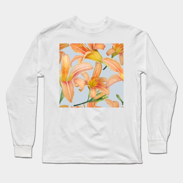 Tiger Lilies on Pale Blue Long Sleeve T-Shirt by ArtticArlo